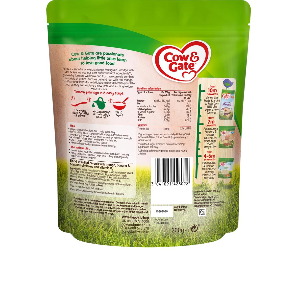 Cow & Gate Multigrain Porridge with Oat & Rye, Mango - 200g